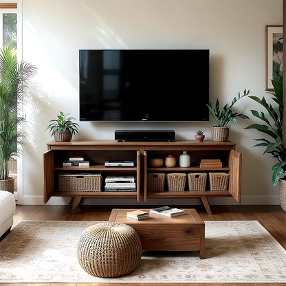 Solid Wood TV Stand with Cabinet & Storage Baskets – Mid-Century Modern Entertainment Center for Living Room