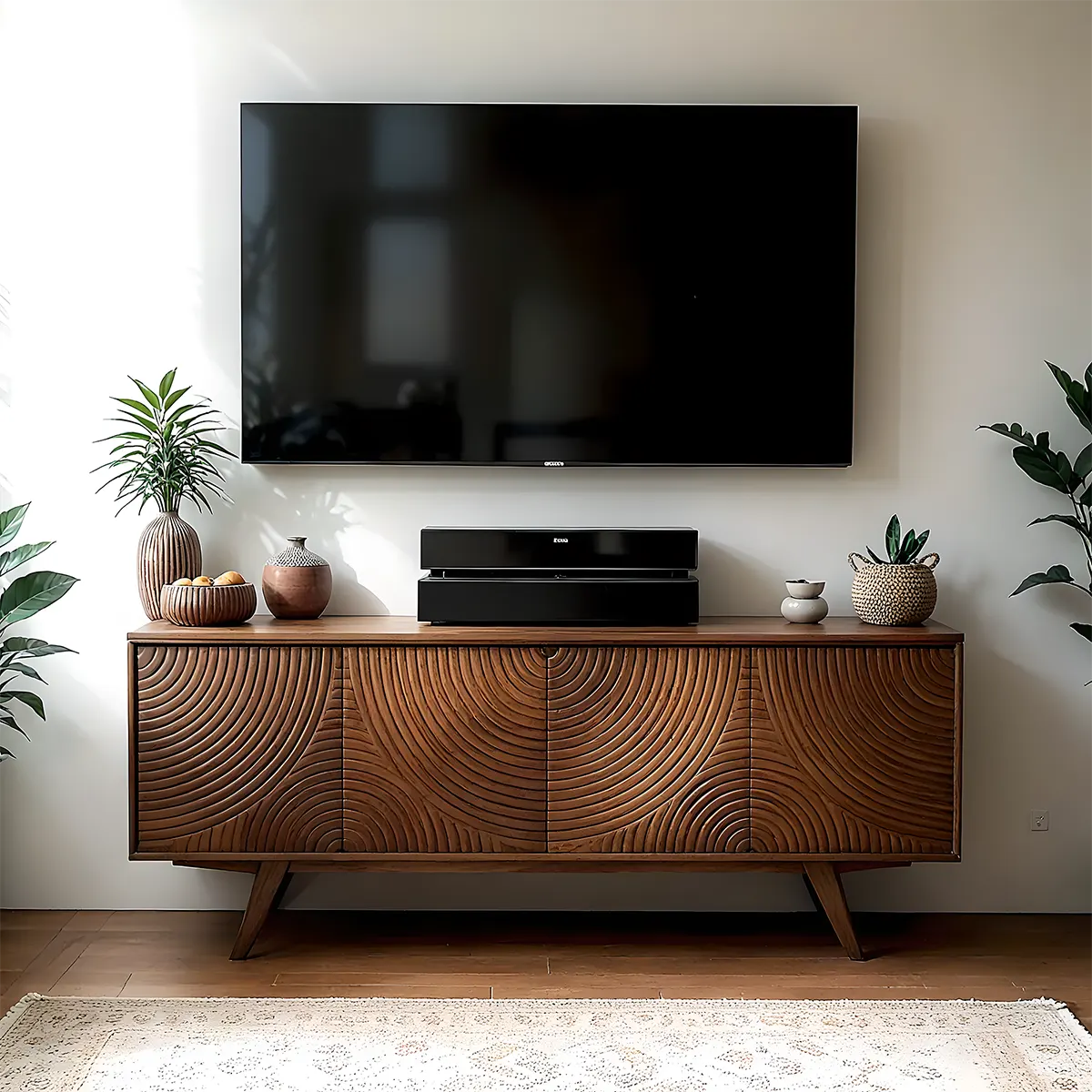 Solid Wood TV Stand with Cabinet & Storage Baskets – Mid-Century Modern Entertainment Center for Living Room