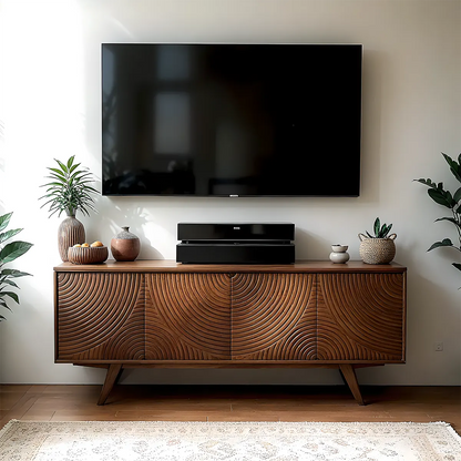 Solid Wood TV Stand with Cabinet & Storage Baskets – Mid-Century Modern Entertainment Center for Living Room
