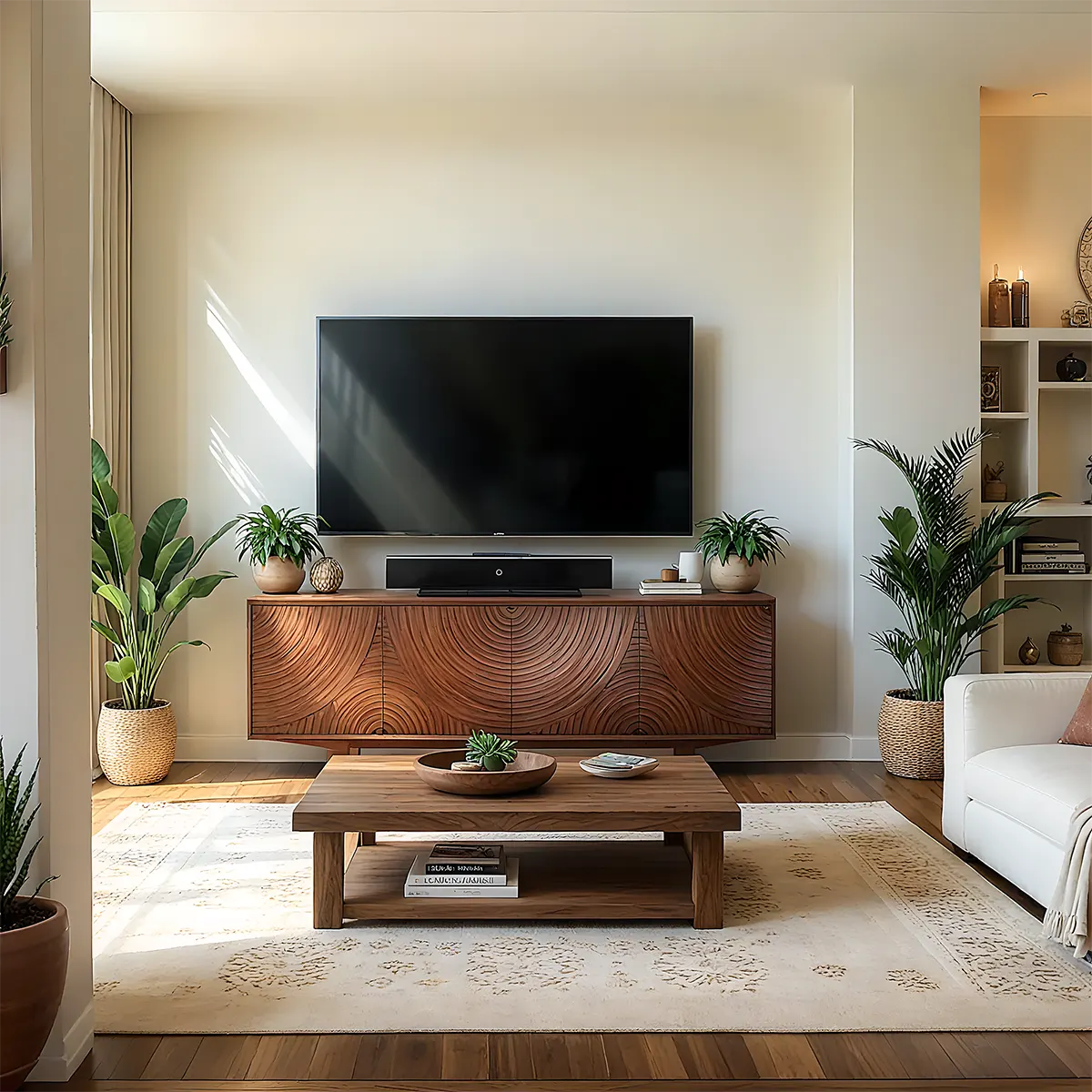 Solid Wood TV Stand with Cabinet & Storage Baskets – Mid-Century Modern Entertainment Center for Living Room
