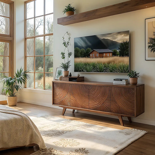 Solid Wood TV Stand with Cabinet & Storage Baskets – Mid-Century Modern Entertainment Center for Living Room