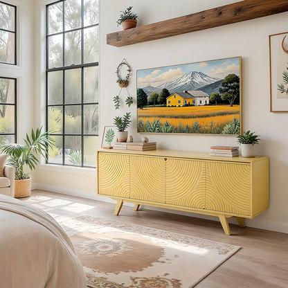 Solid Wood TV Stand with Cabinet & Storage Baskets – Mid-Century Modern Entertainment Center for Living Room