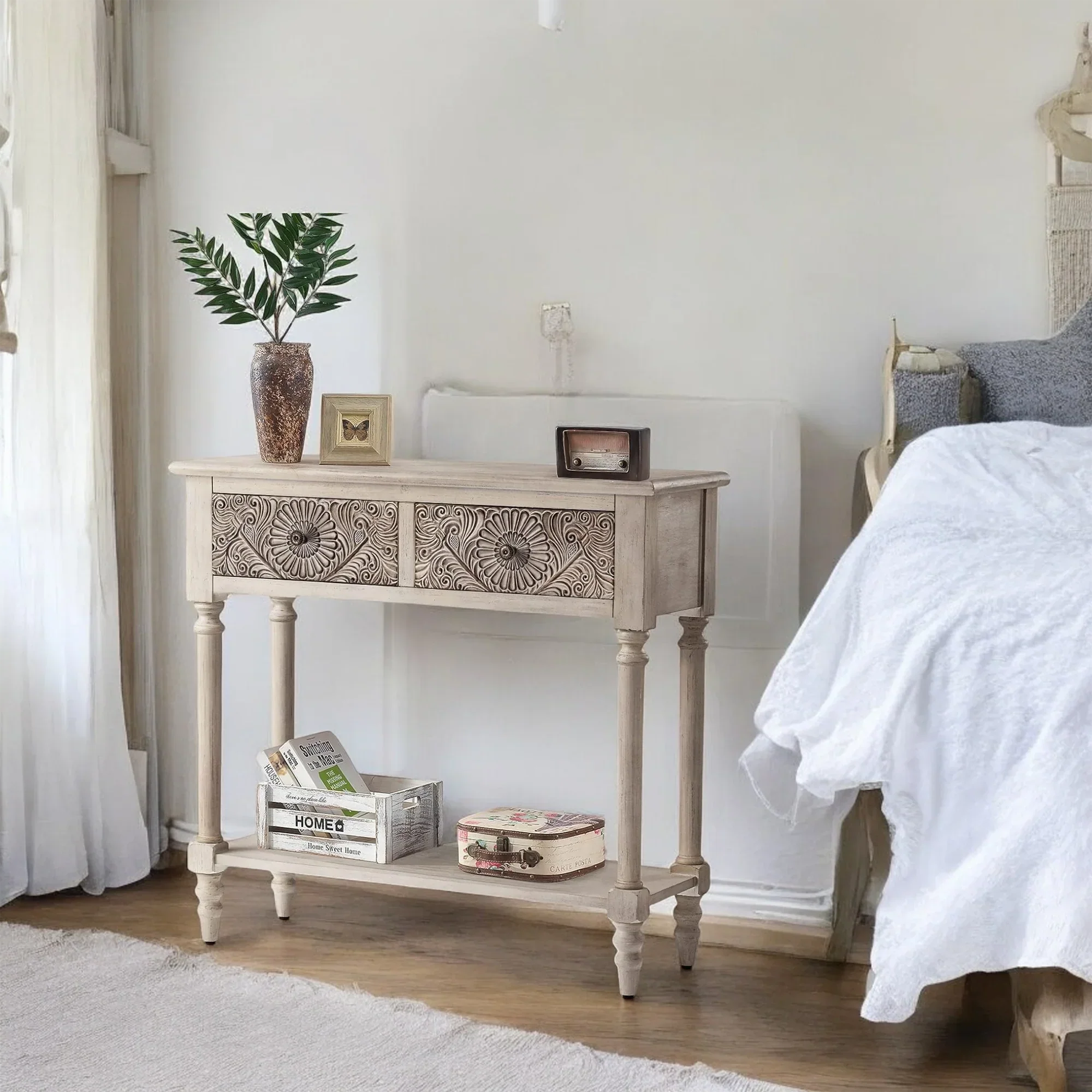 Vintage Carved Console Table with Floral Drawers and Bottom Shelf 
