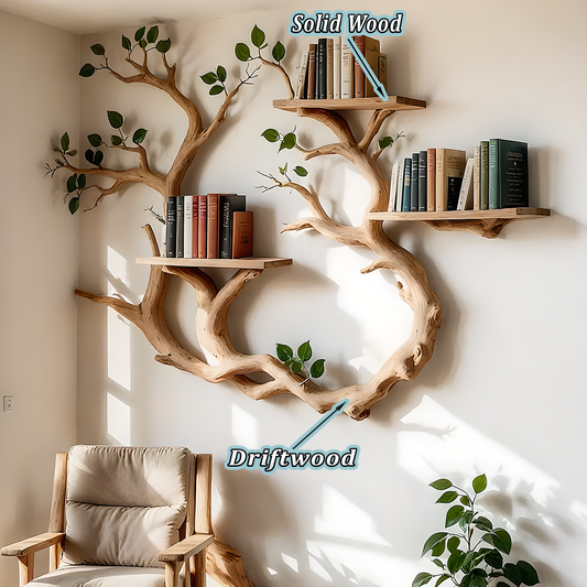 Wall Mounted Tree Shelf – Solid Wood Branch Design for Books & Plants 