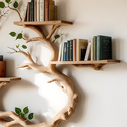 Wall Mounted Tree Shelf – Solid Wood Branch Design for Books & Plants 