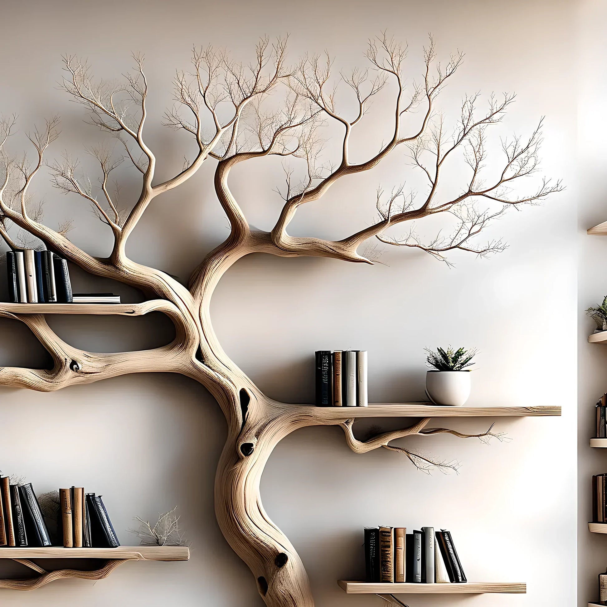 Wall-mounted bookshelf decorated with pine trees, driftwood bookshelf, living room decoration bookshelf, Christmas decoration 