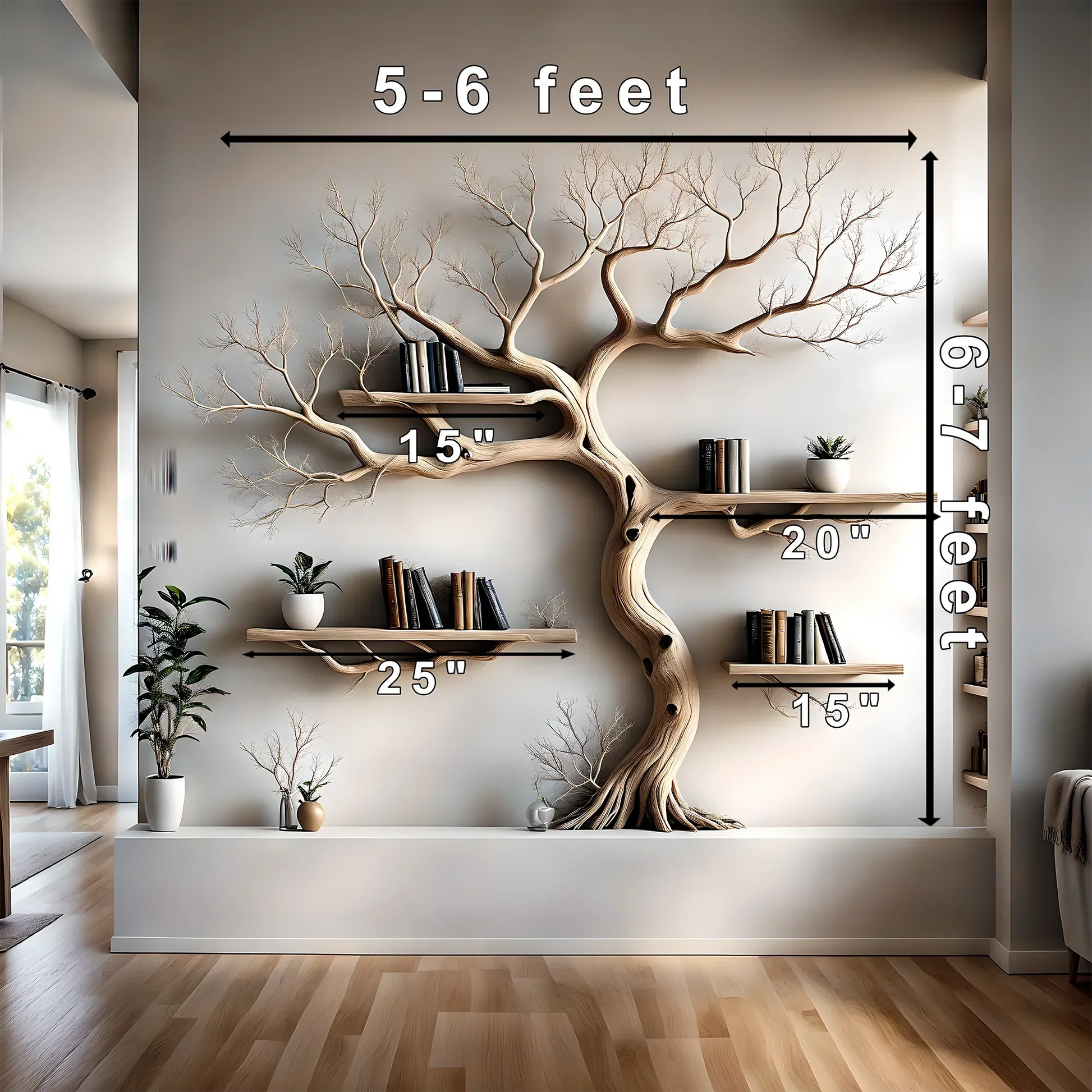 Wall-mounted bookshelf decorated with pine trees, driftwood bookshelf, living room decoration bookshelf, Christmas decoration 