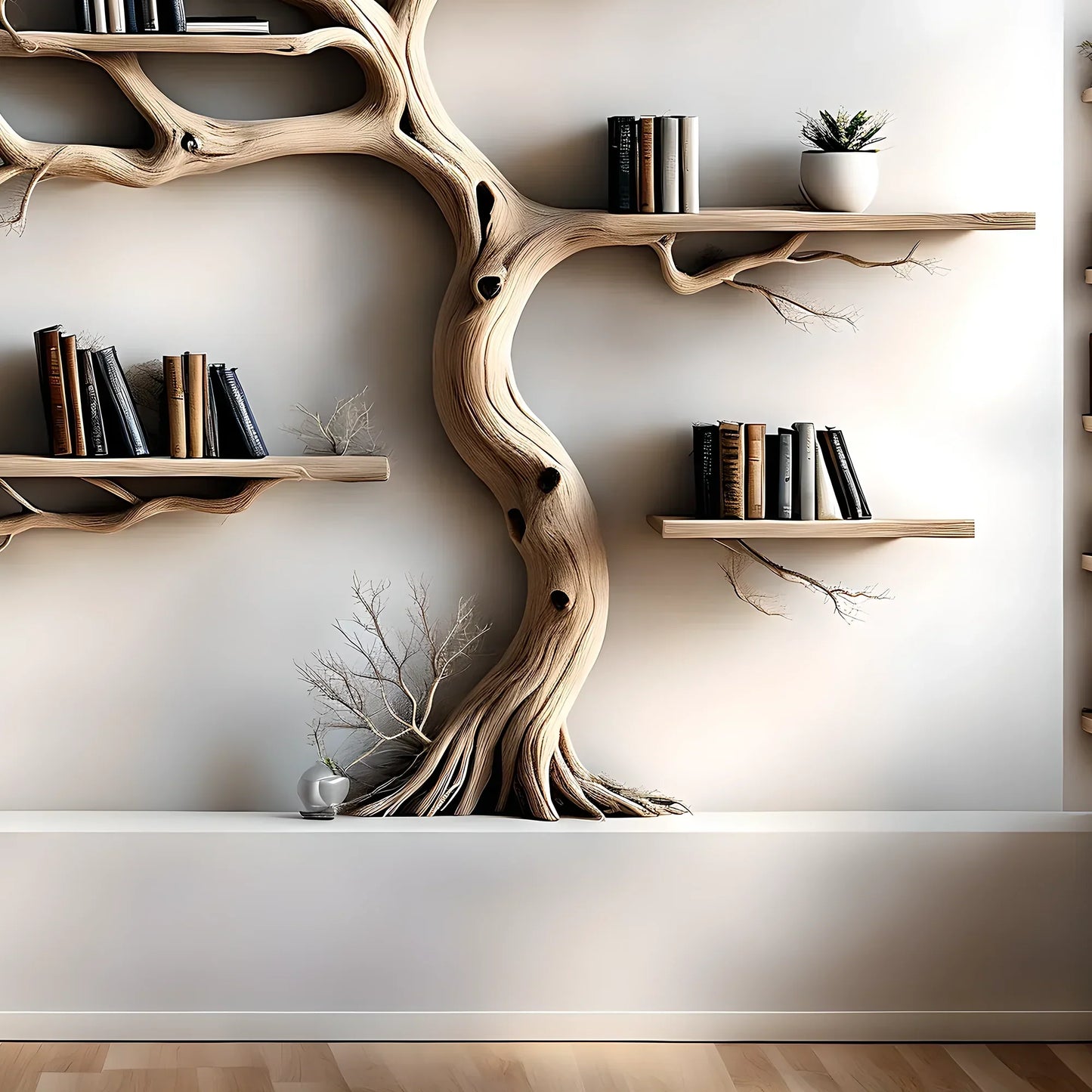Wall-mounted bookshelf decorated with pine trees, driftwood bookshelf, living room decoration bookshelf, Christmas decoration 