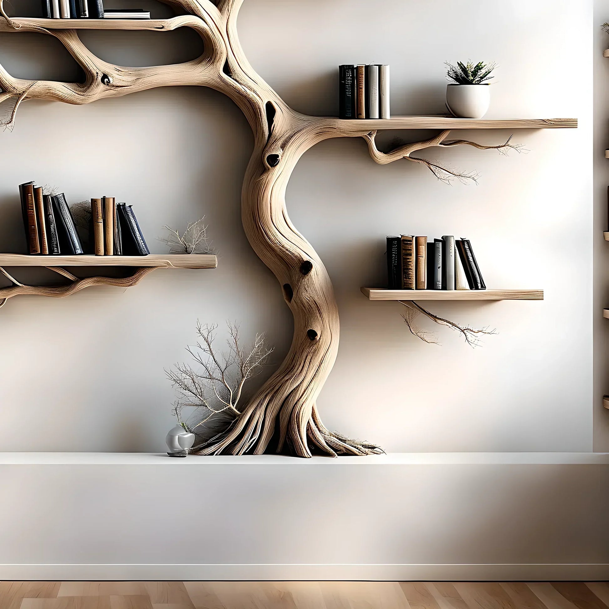 Wall-mounted bookshelf decorated with pine trees, driftwood bookshelf, living room decoration bookshelf, Christmas decoration 