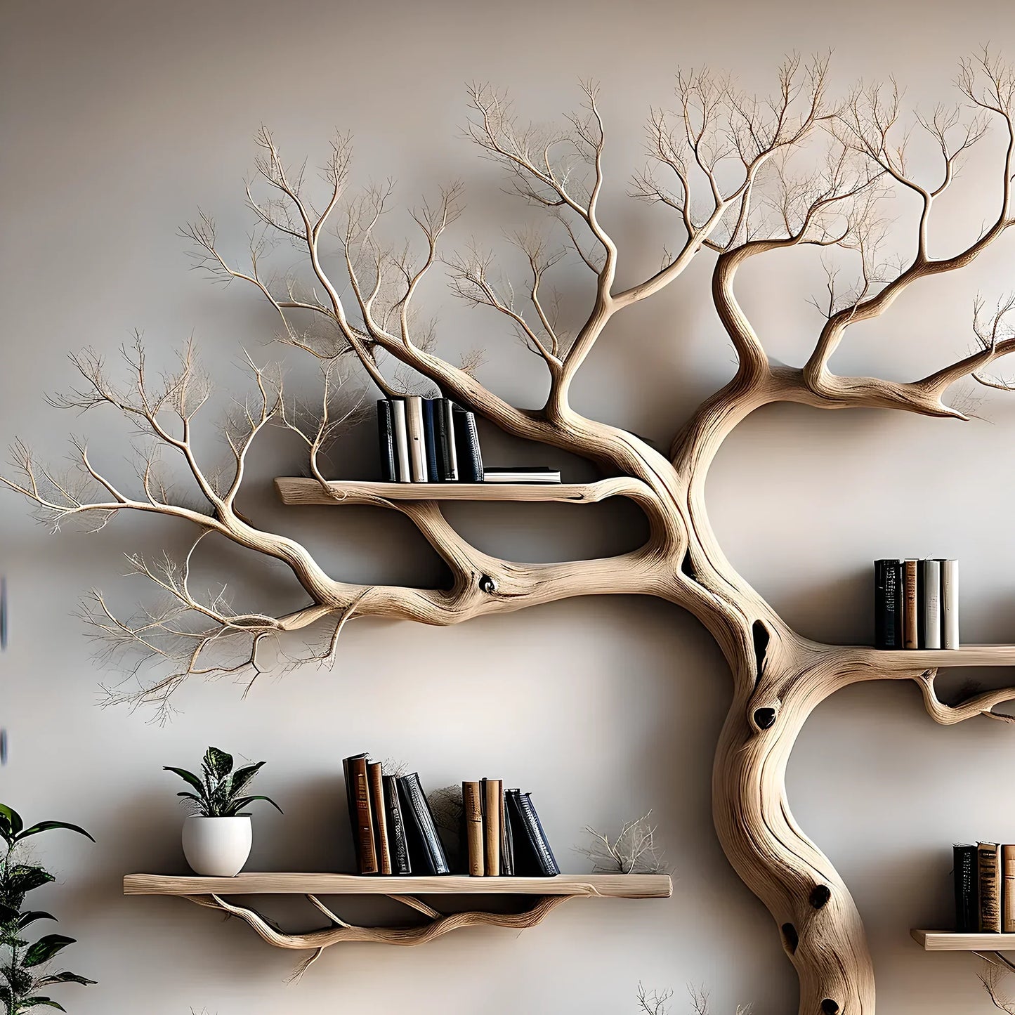 Wall-mounted bookshelf decorated with pine trees, driftwood bookshelf, living room decoration bookshelf, Christmas decoration 