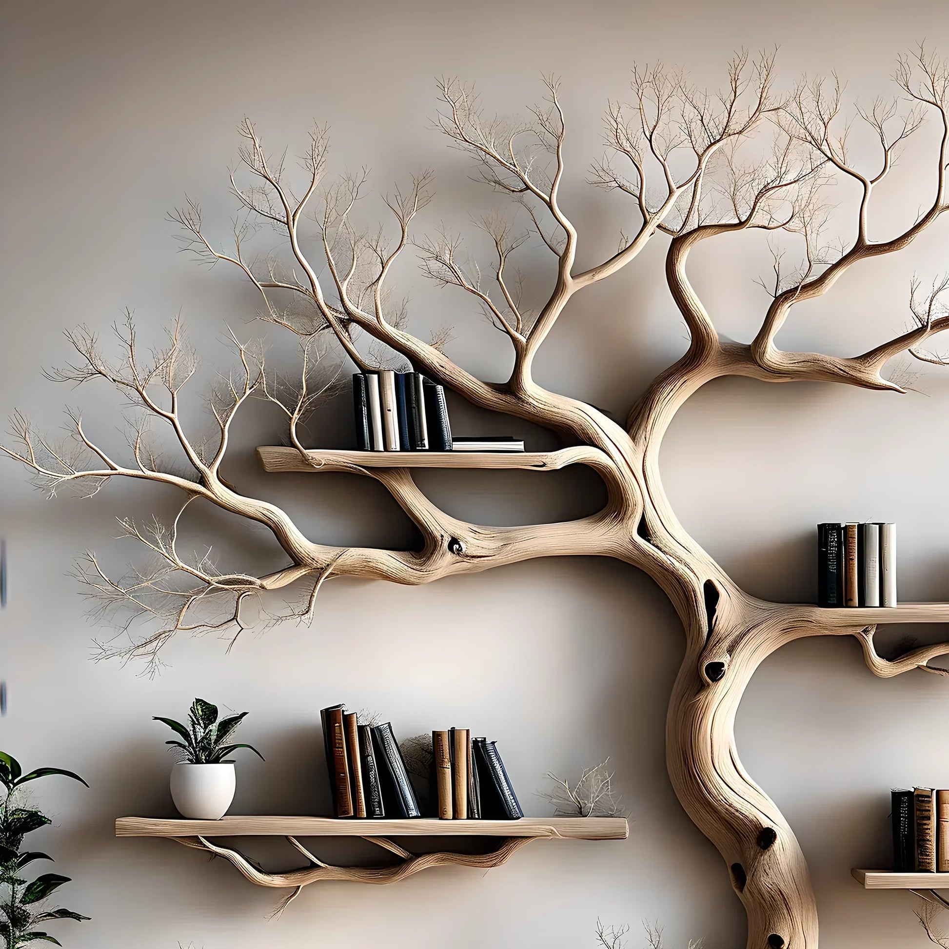 Wall-mounted bookshelf decorated with pine trees, driftwood bookshelf, living room decoration bookshelf, Christmas decoration 