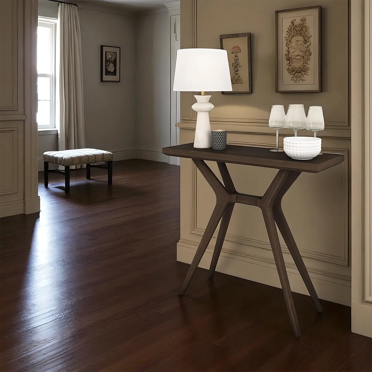 Walnut Console Table – Modern Style, Y-Shaped Legs 