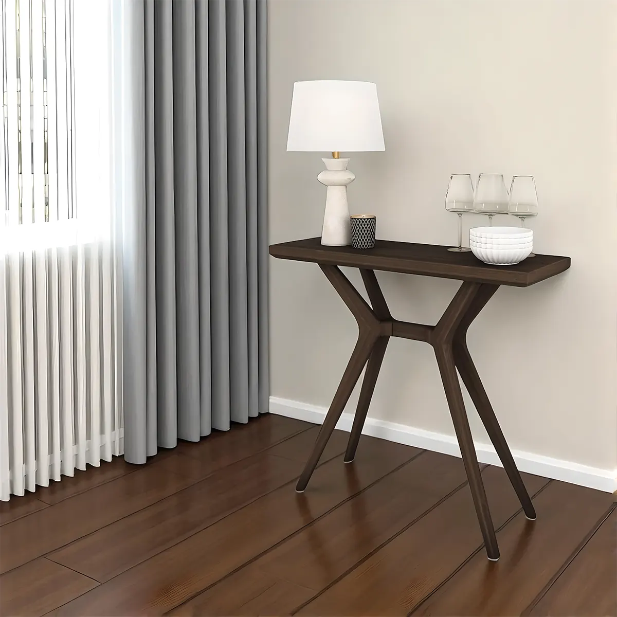 Walnut Console Table – Modern Style, Y-Shaped Legs 