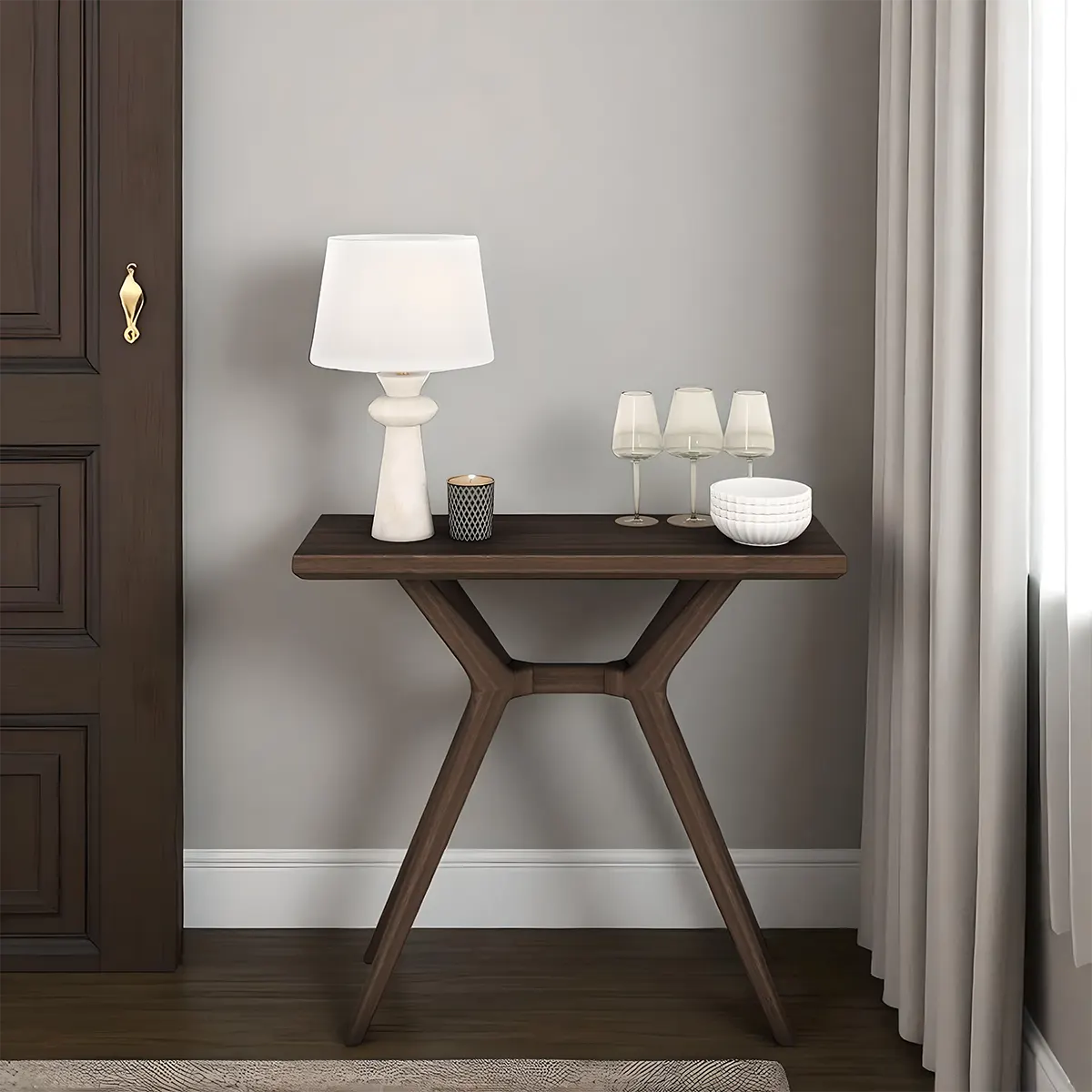 Walnut Console Table – Modern Style, Y-Shaped Legs 