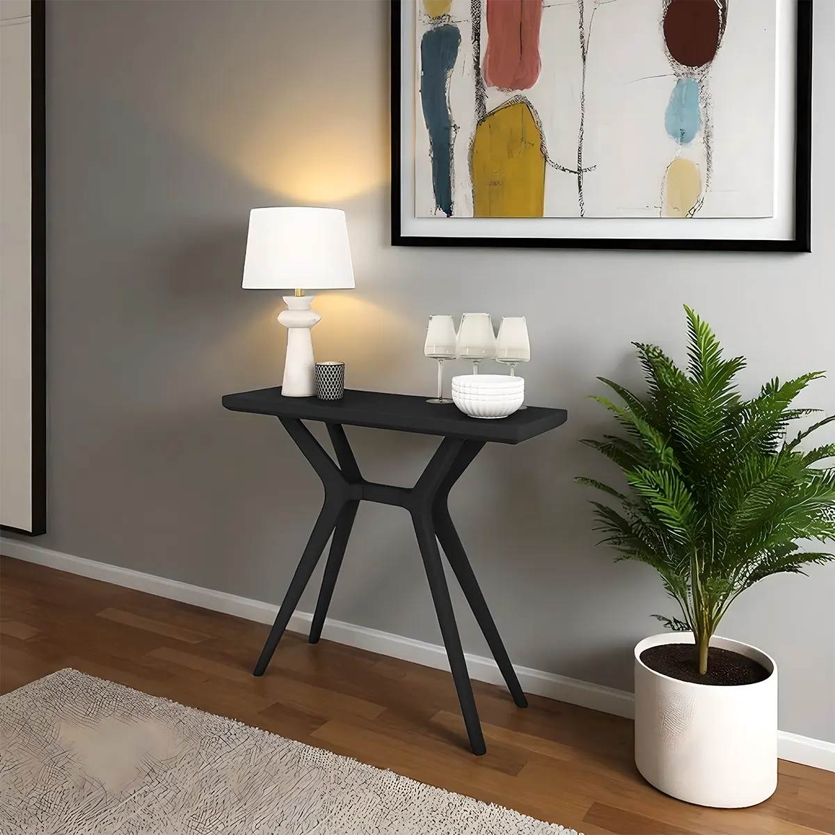 Walnut Console Table – Modern Style, Y-Shaped Legs 
