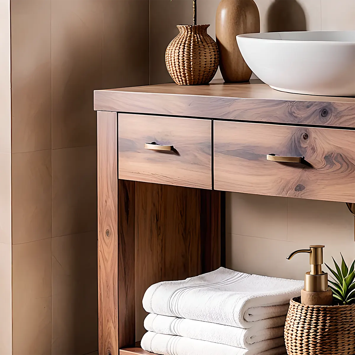 Walnut Essence Vanity – Solid Wood Bathroom Elegance - Rustira