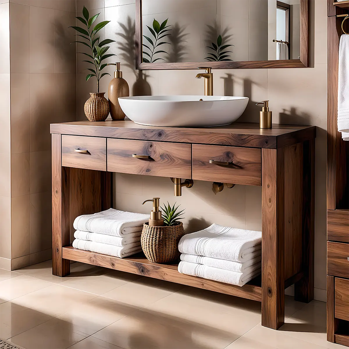 Walnut Essence Vanity – Solid Wood Bathroom Elegance - Rustira