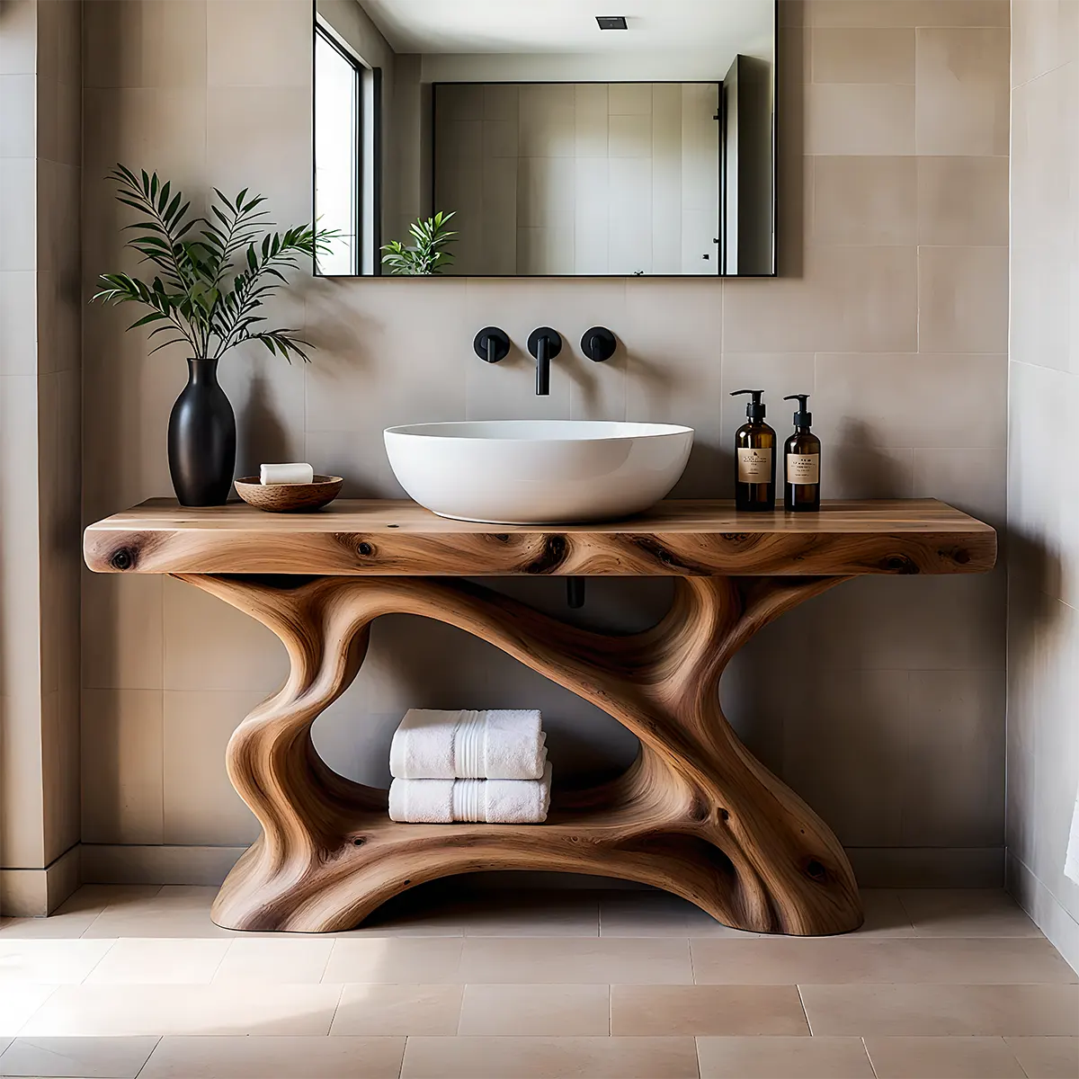 Rustic Sculpted Solid Wood Live Edge Bathroom Vanity - Rustira