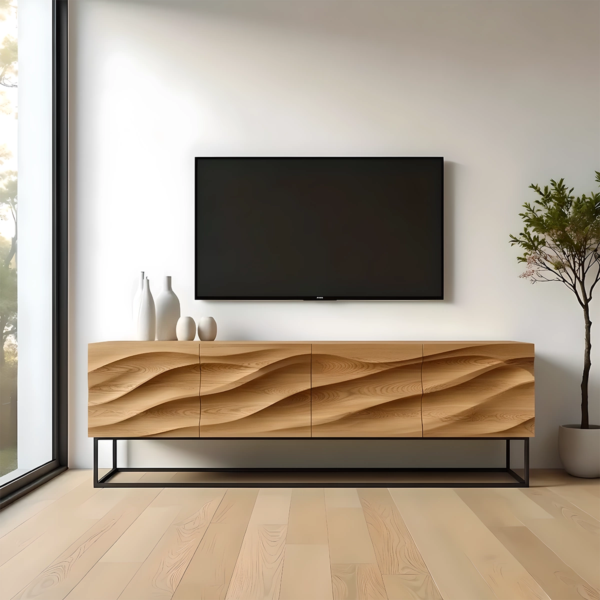 Wave-Carved Scandinavian Solid Wood TV Console – Natural Oak Finish - Rustira