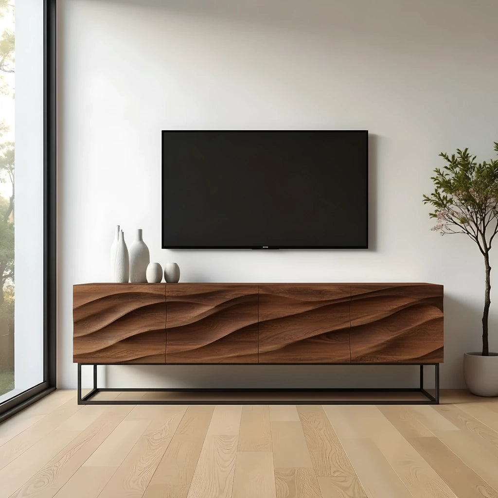 Wave-Carved Scandinavian Solid Wood TV Console – Natural Oak Finish - Rustira