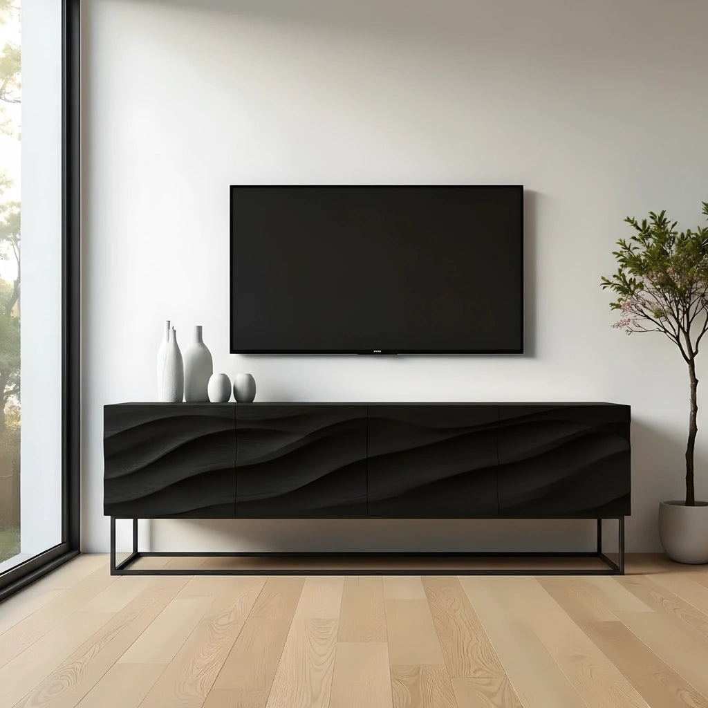 Wave-Carved Scandinavian Solid Wood TV Console – Natural Oak Finish - Rustira