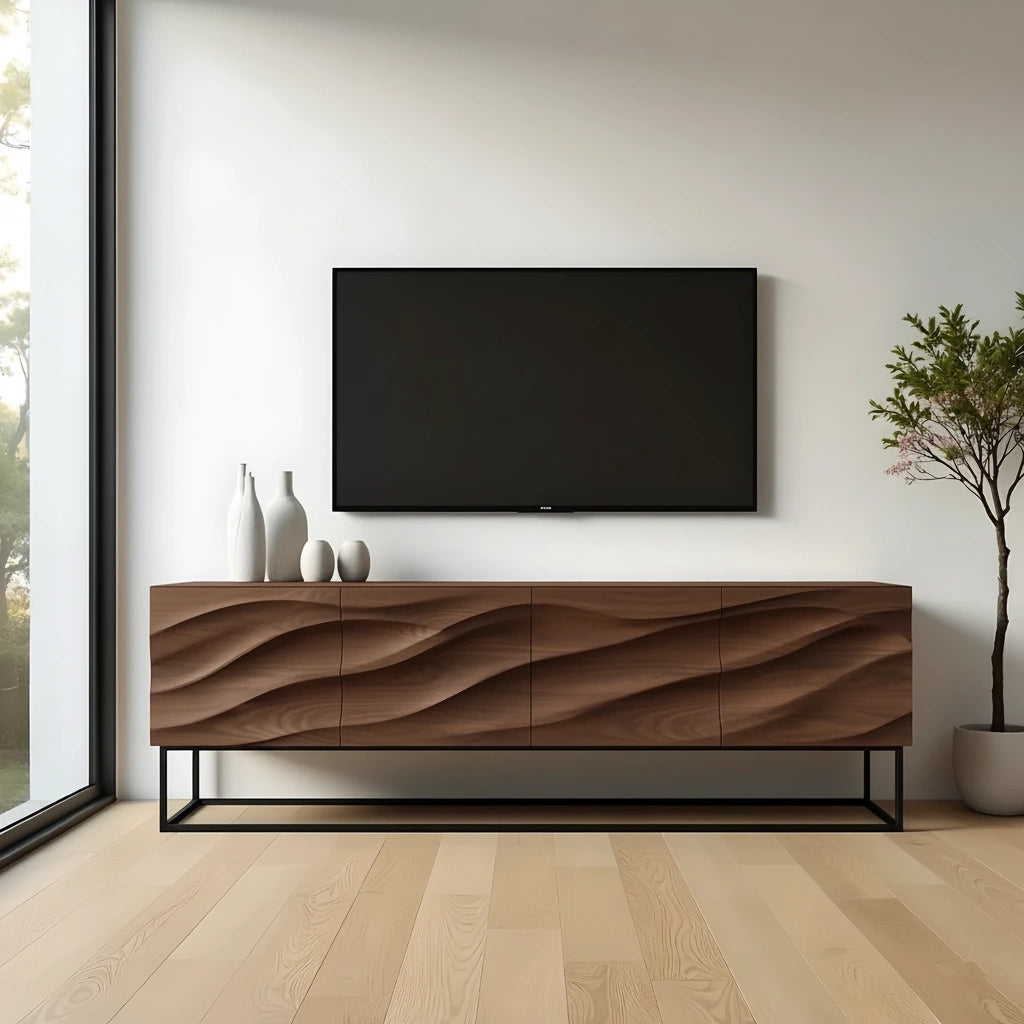 Wave-Carved Scandinavian Solid Wood TV Console – Natural Oak Finish - Rustira
