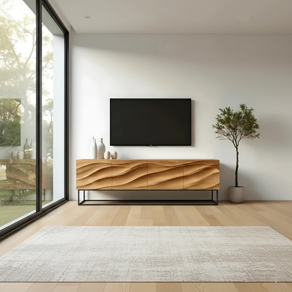 Wave-Carved Scandinavian Solid Wood TV Console – Natural Oak Finish - Rustira