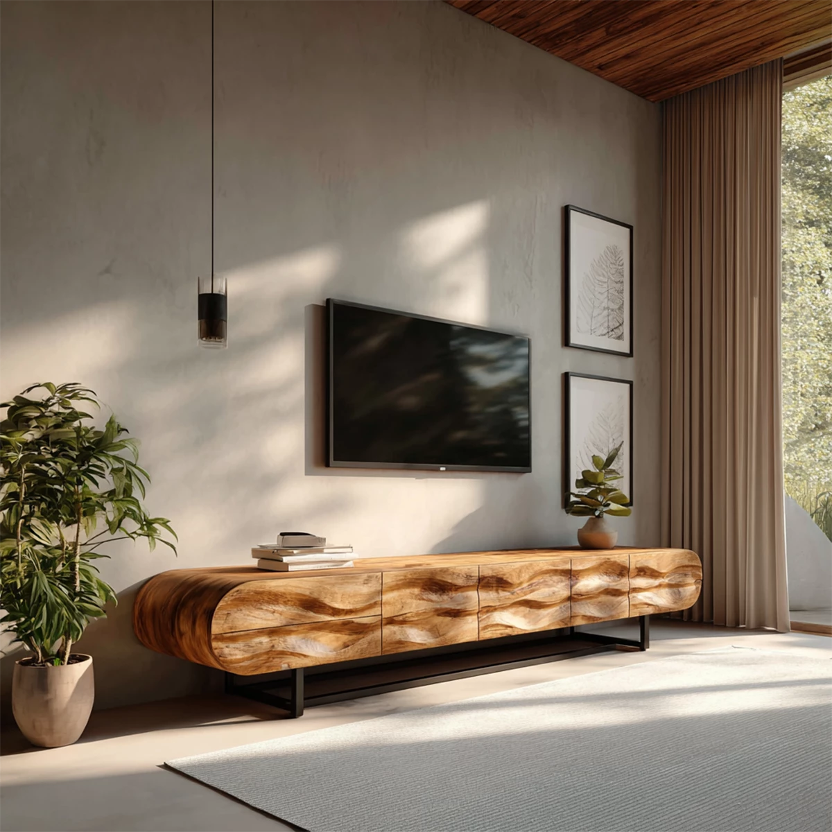 Wave-Carved Solid Wood TV Console – Organic Sculpted Media Sideboard - Rustira