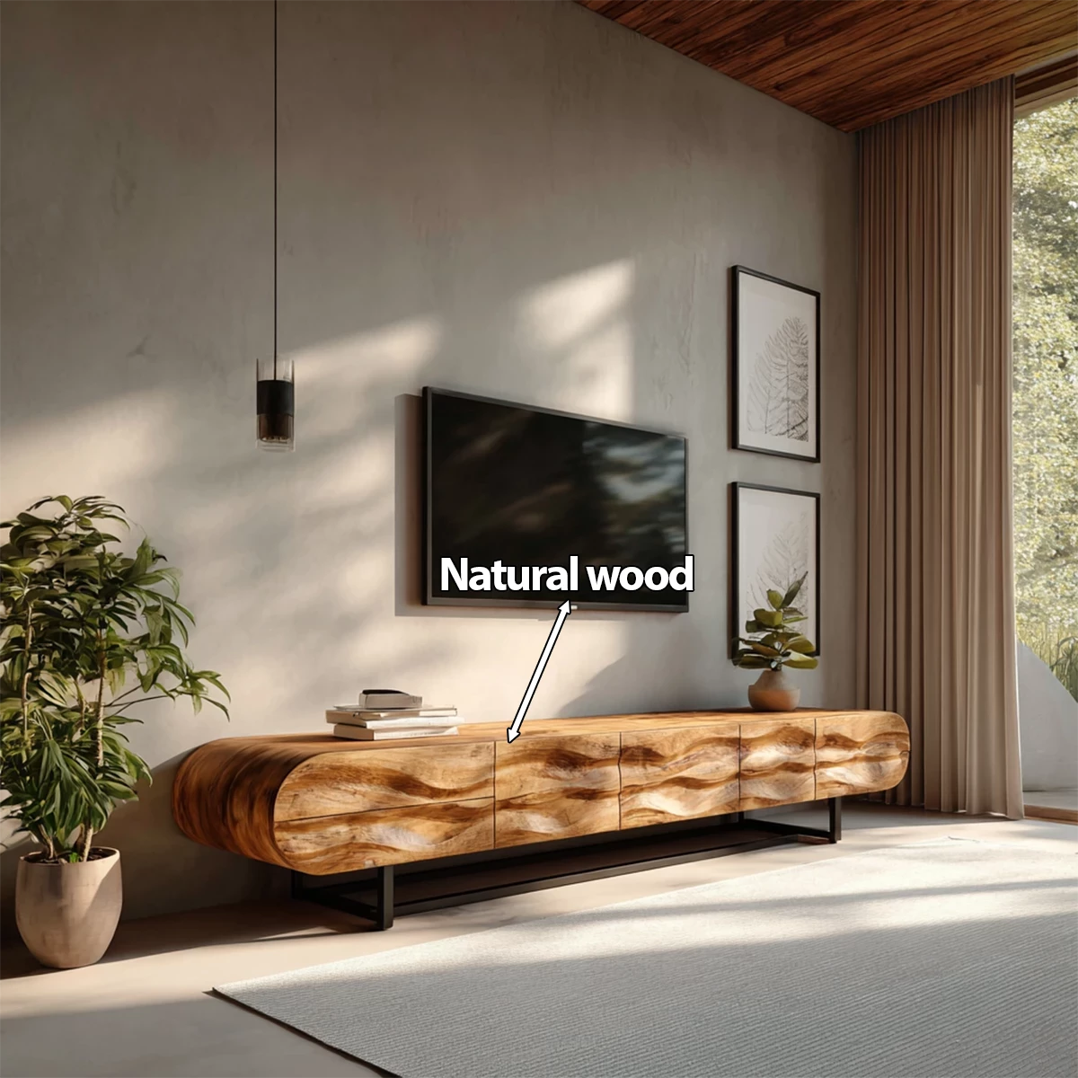 Wave-Carved Solid Wood TV Console – Organic Sculpted Media Sideboard - Rustira