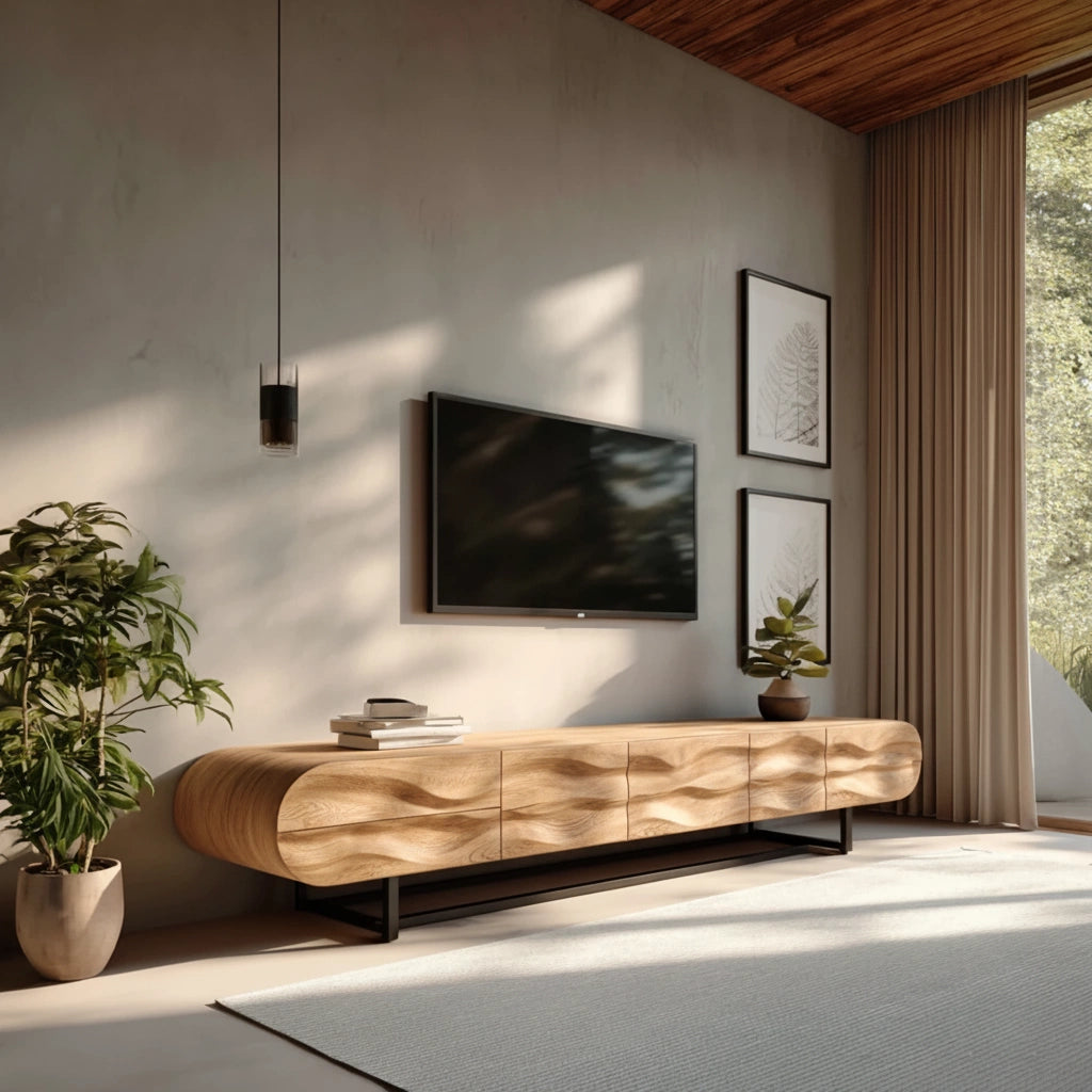Wave-Carved Solid Wood TV Console – Organic Sculpted Media Sideboard - Rustira
