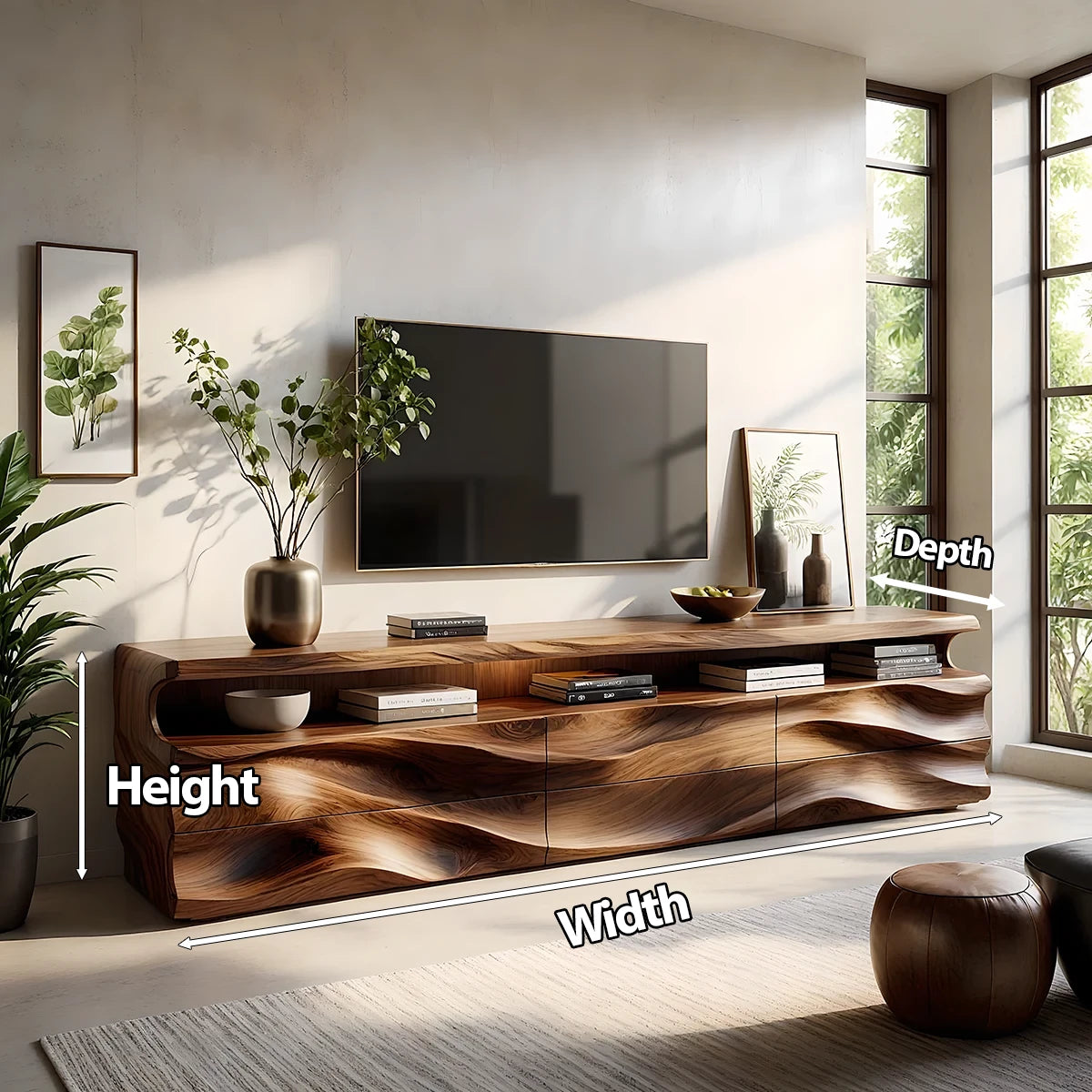 Wave-Carved Solid Wood TV Stand - Luxury Organic Media Console - Rustira
