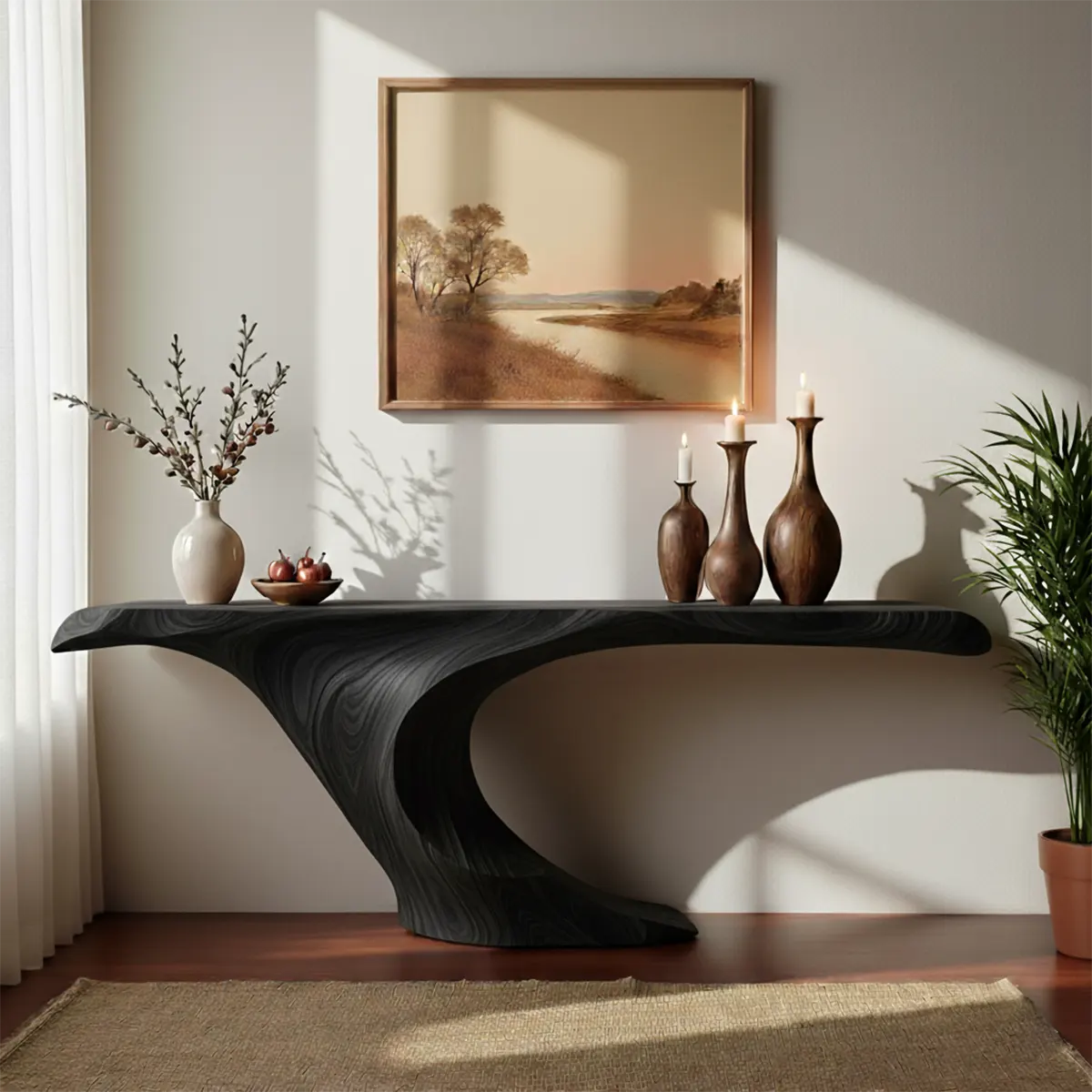 Wave Curve Walnut Console Table – Organic Sculptural Form - Rustira