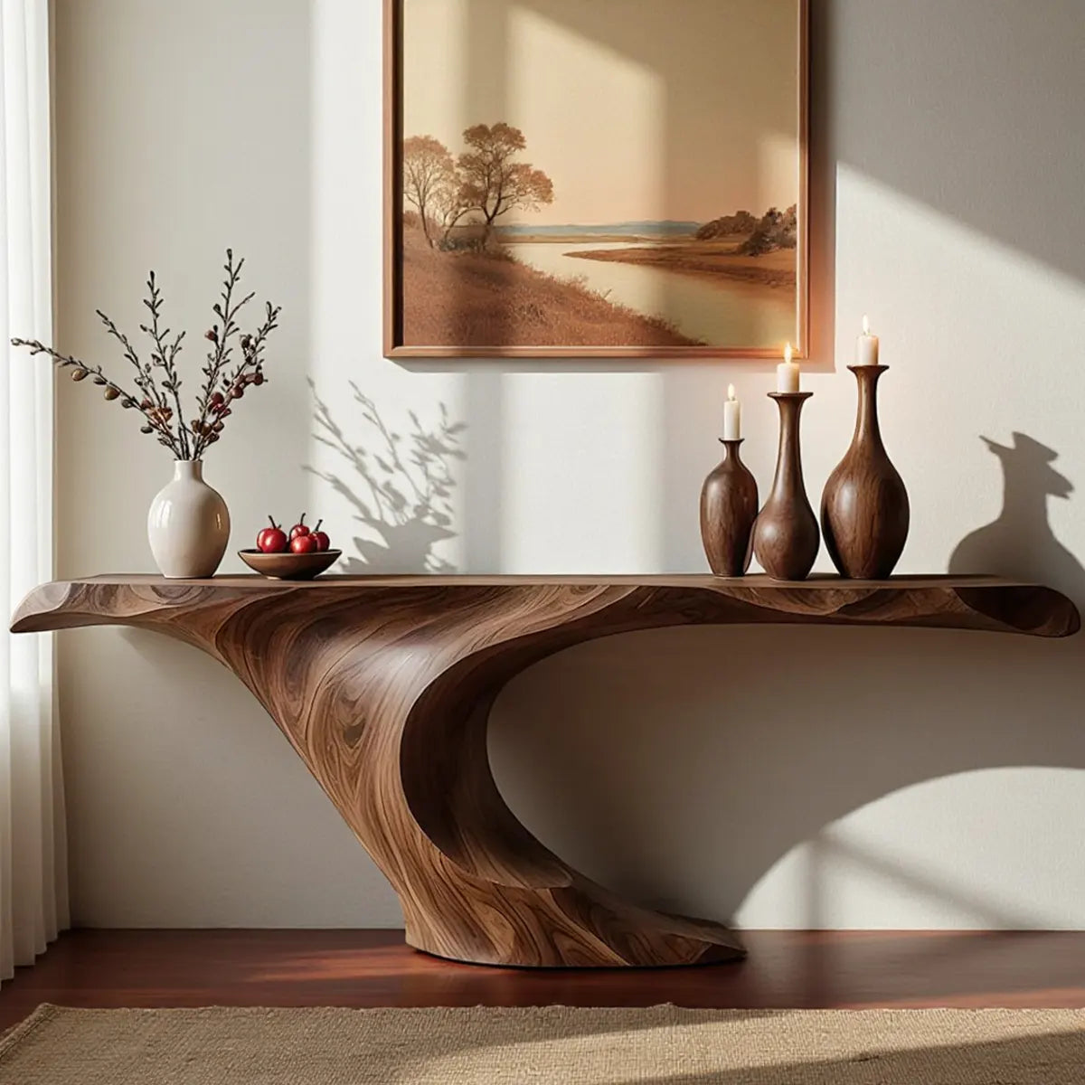 Wave Curve Walnut Console Table – Organic Sculptural Form - Rustira