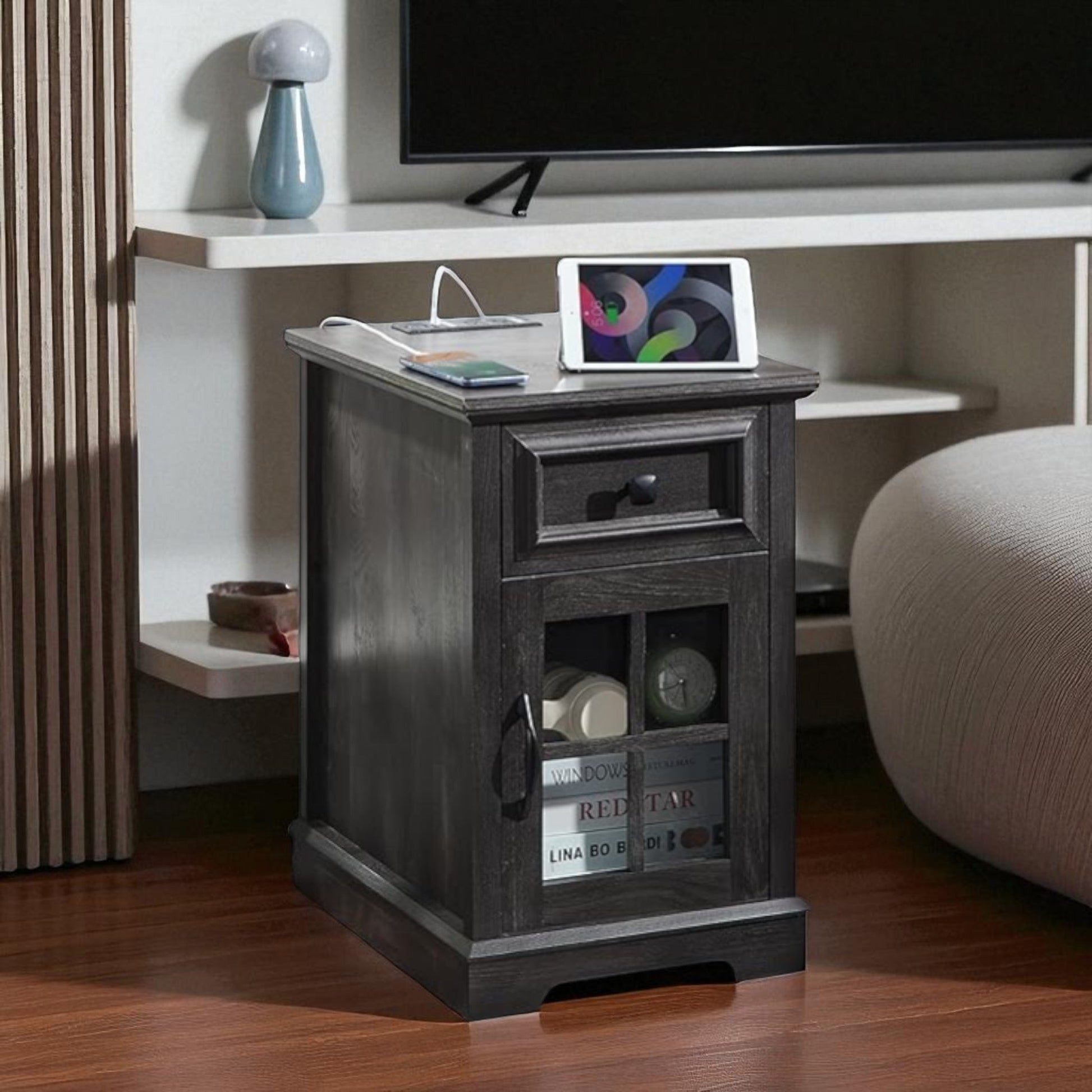 Wood End Table with Drawer, Glass Cabinet & USB Charging Ports 