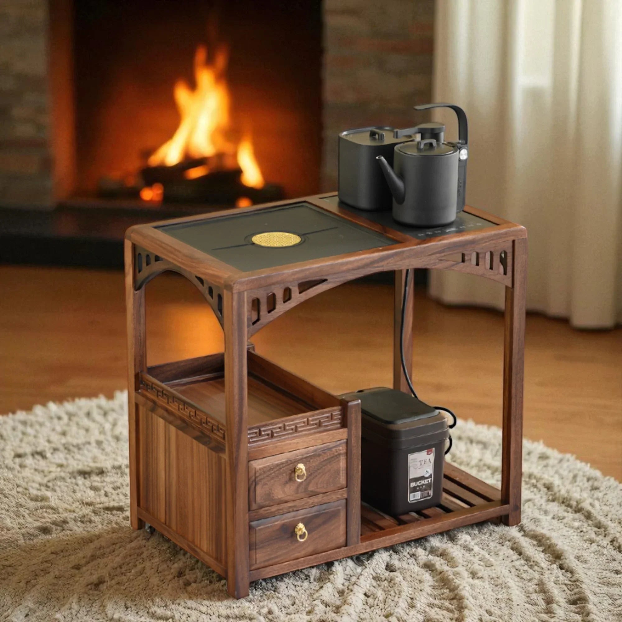 Wooden Tea Cabinet with Open Frame – Compact Brewing Table - Rustira