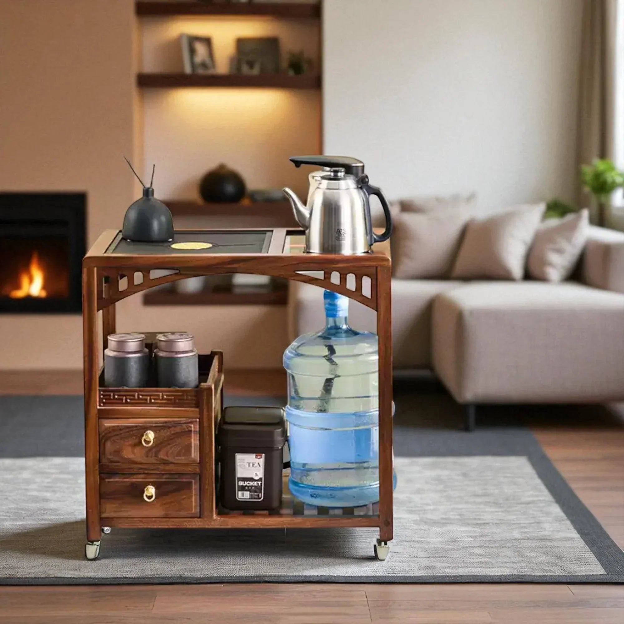 Wooden Tea Cabinet with Open Frame – Compact Brewing Table - Rustira