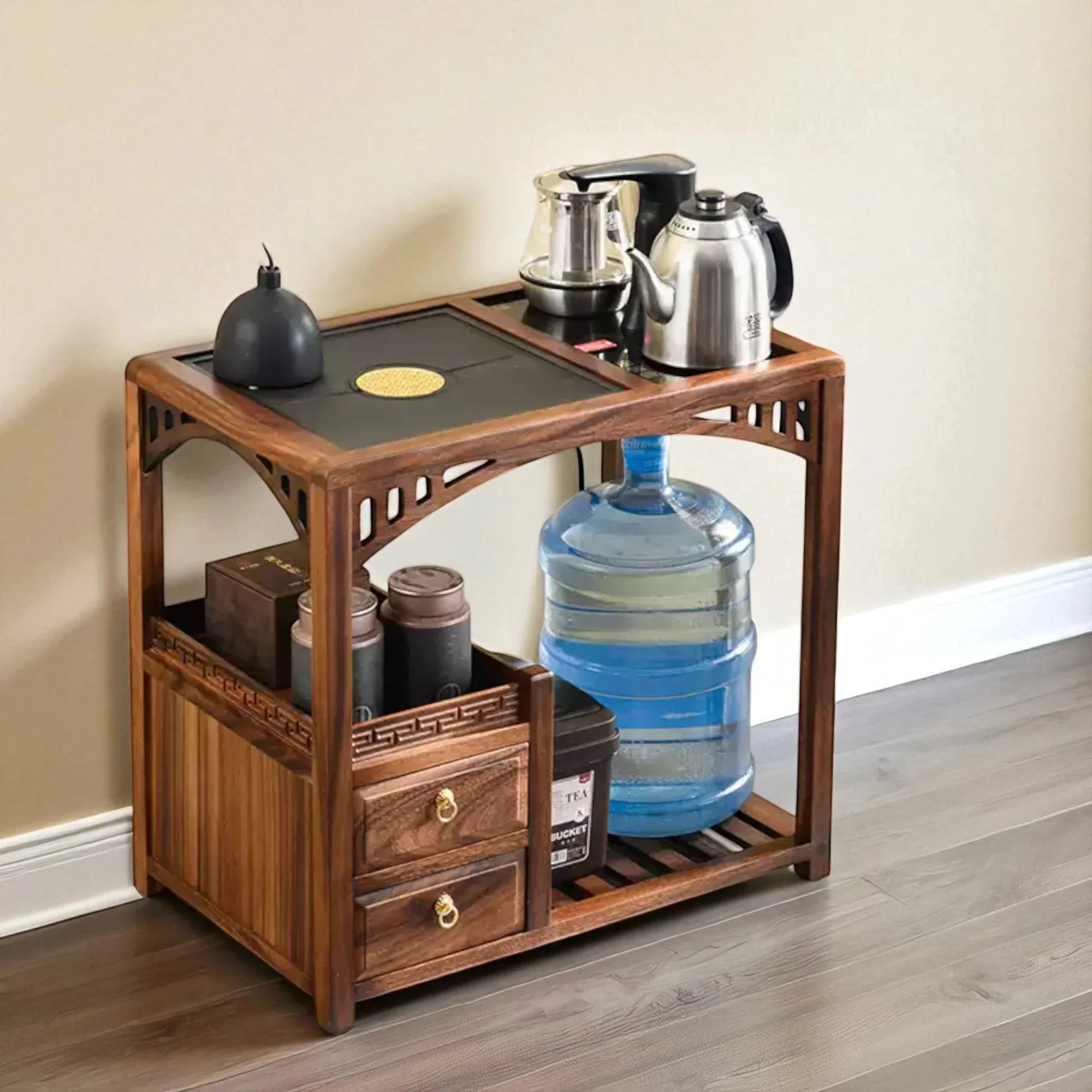 Wooden Tea Cabinet with Open Frame – Compact Brewing Table - Rustira