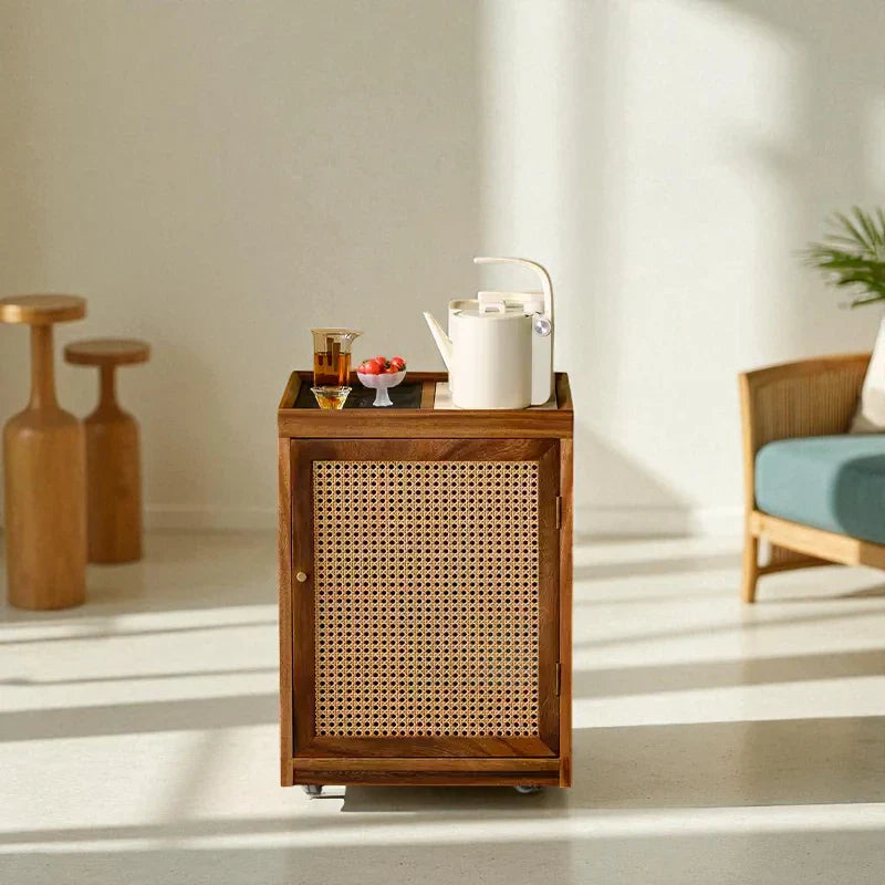 Wooden Tea Cabinet with Rattan Door – Portable Solid Wood - Rustira