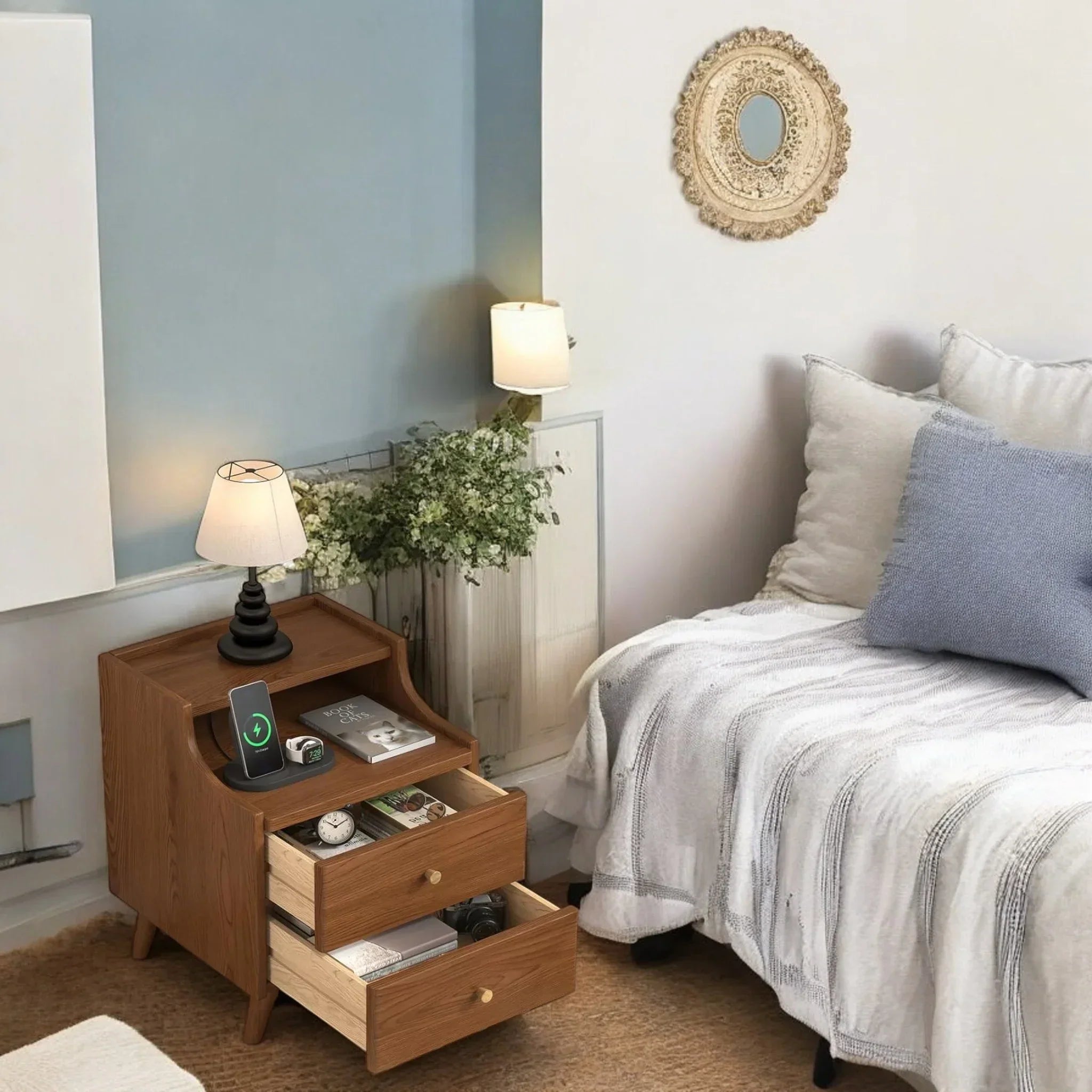 Wooden bedside table with 2 drawers and open storage shelves 