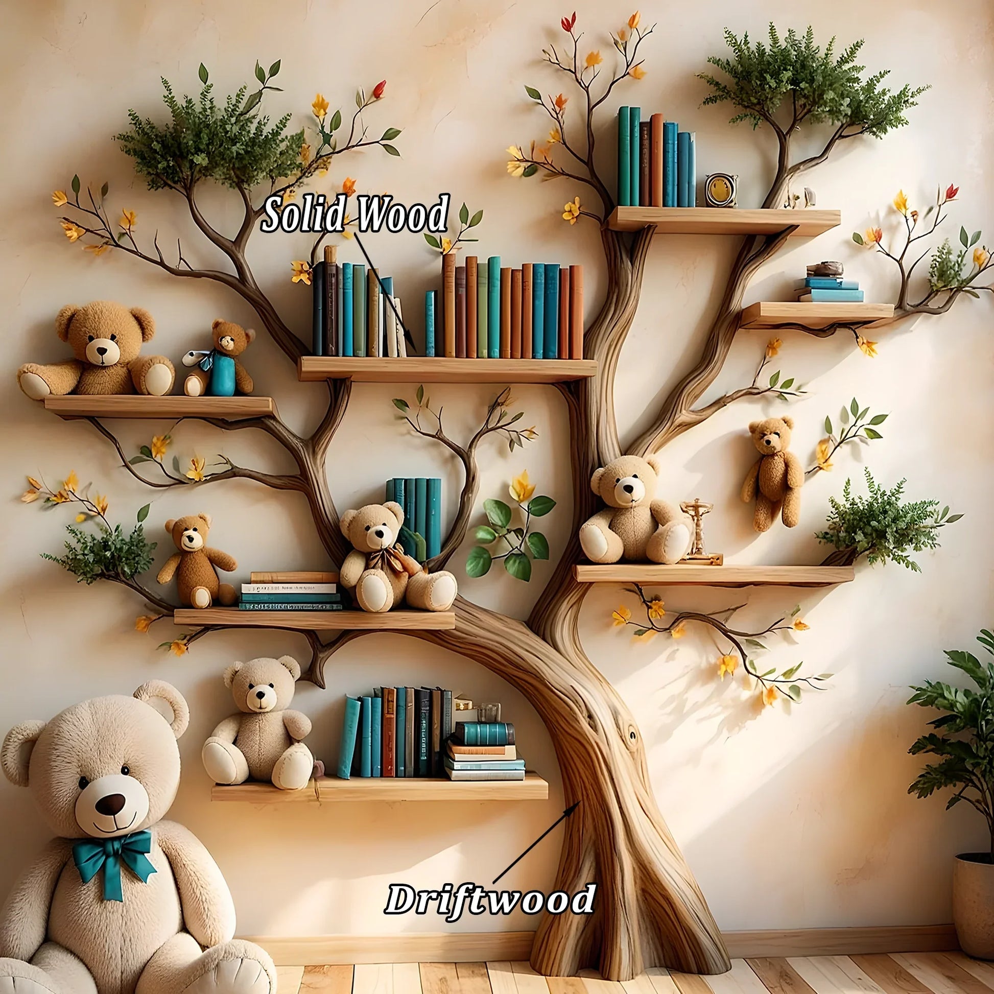 Wooden bookshelf designed in the shape of a tree - Create a joyful study space for children 