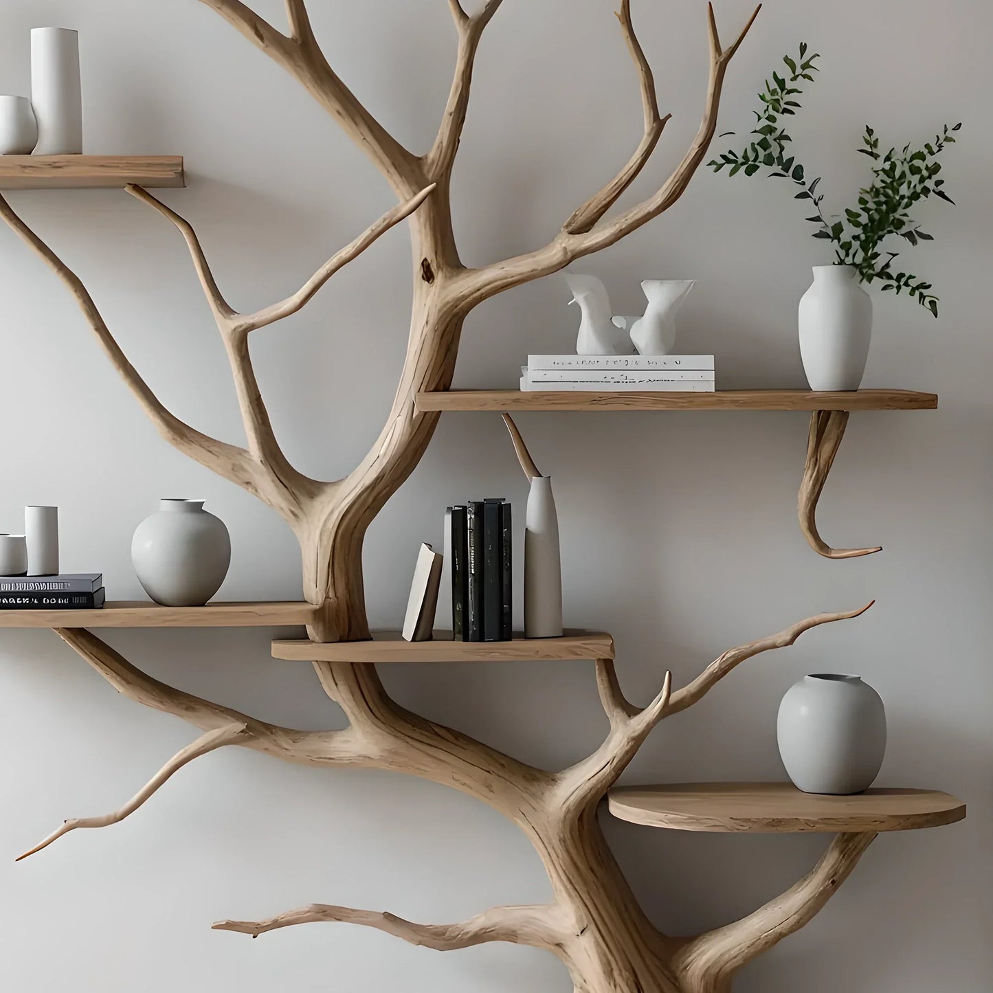Wooden shelves to decorate the living room. Tree-shaped bookshelf, children's bookshelf 