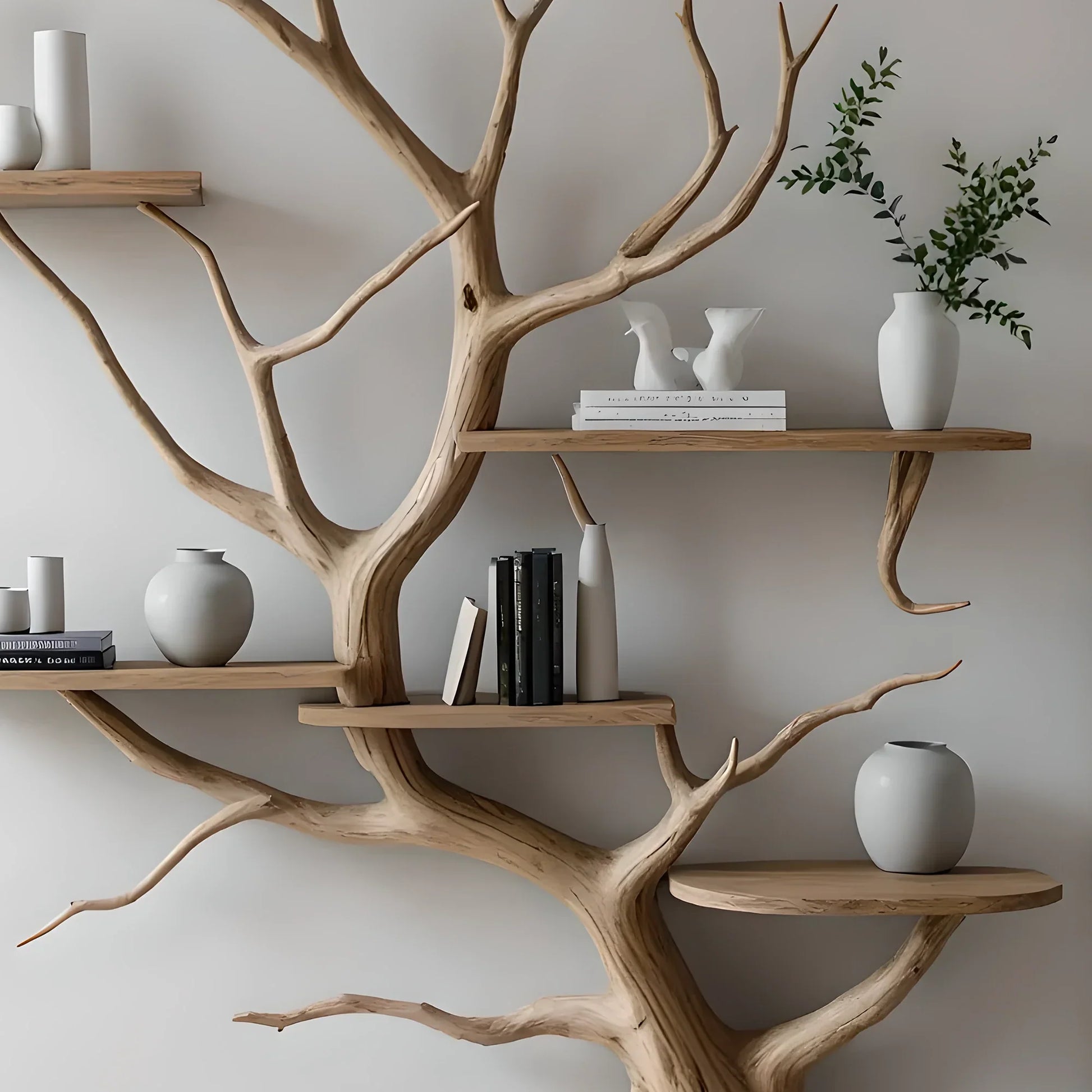 Wooden shelves to decorate the living room. Tree-shaped bookshelf, children's bookshelf 