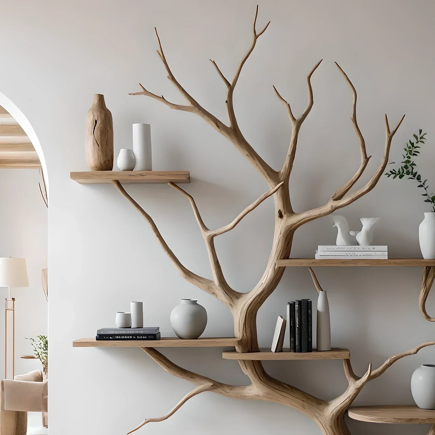 Wooden shelves to decorate the living room. Tree-shaped bookshelf, children's bookshelf 