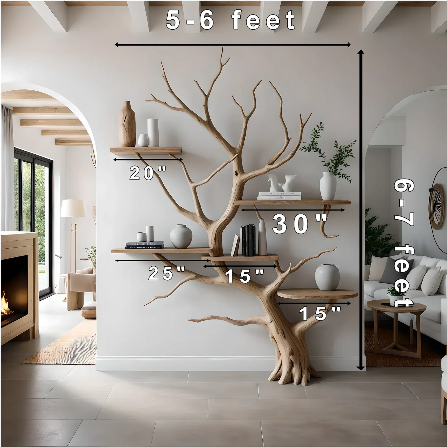 Wooden shelves to decorate the living room. Tree-shaped bookshelf, children's bookshelf 