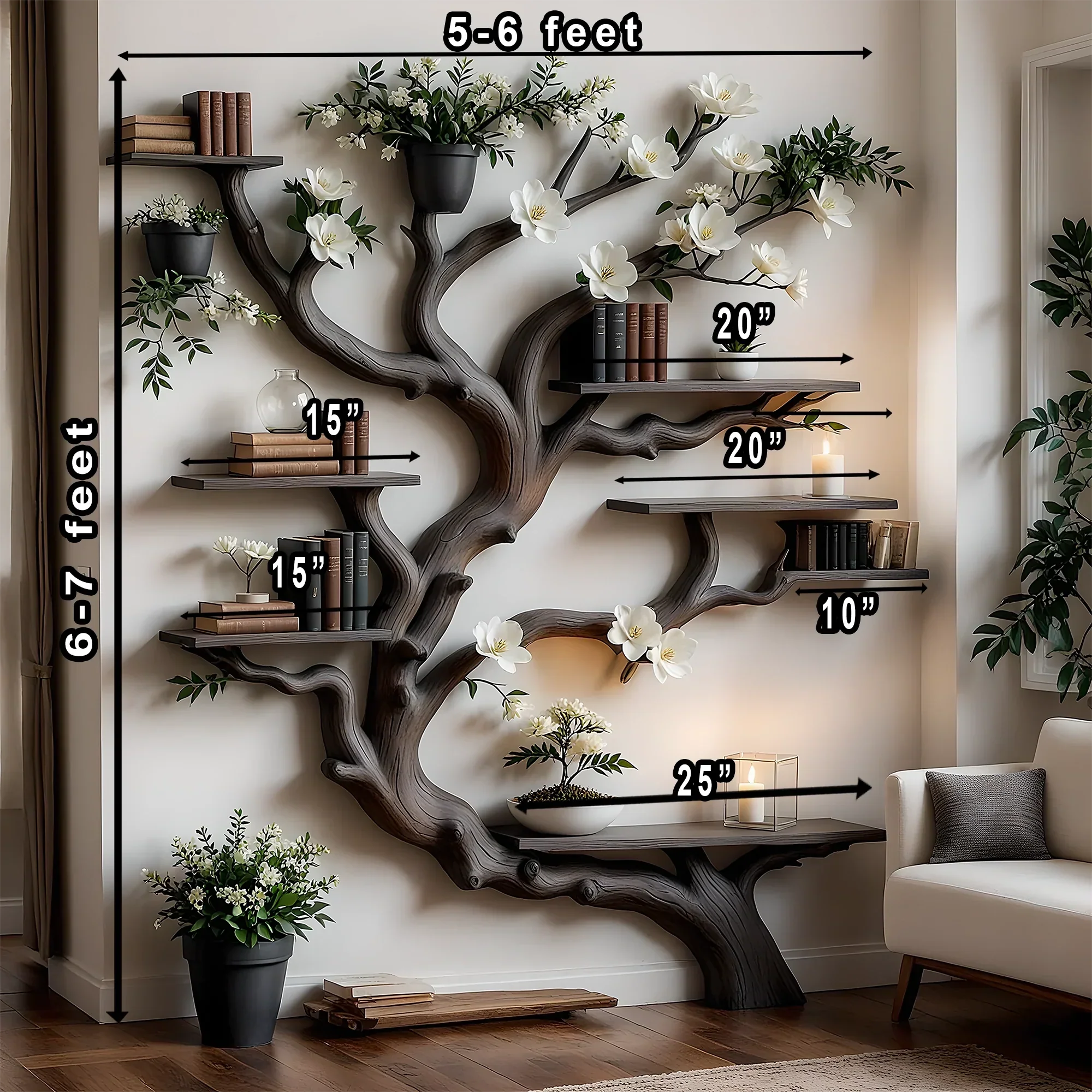Solid Wood Tree Bookshelf – Nature Theme Decor for Living Room or Nursery 