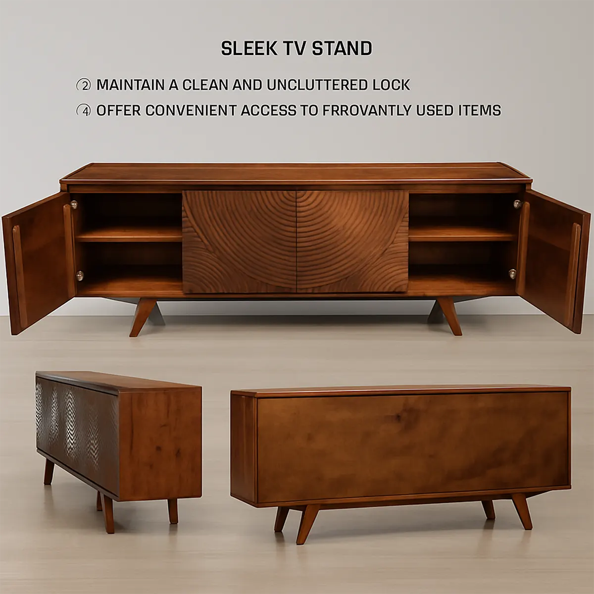 Solid Wood TV Stand with Cabinet & Storage Baskets – Mid-Century Modern Entertainment Center for Living Room