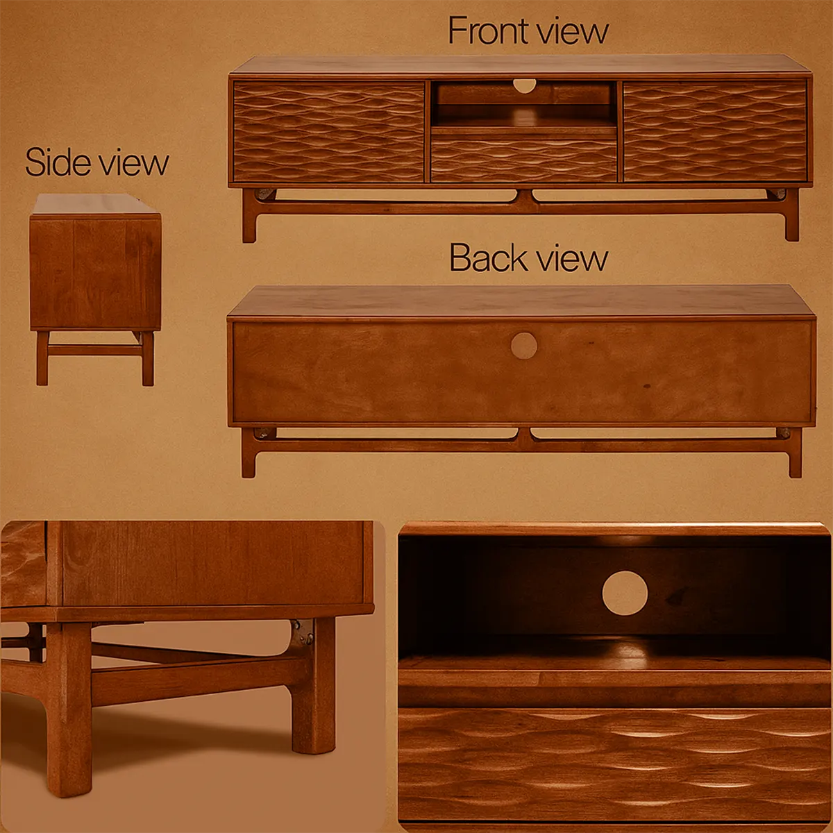 Modern wooden TV shelf – Delicate wave design, with drawers and storage shelves