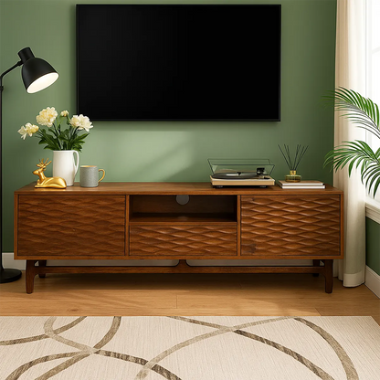 Modern wooden TV shelf – Delicate wave design, with drawers and storage shelves