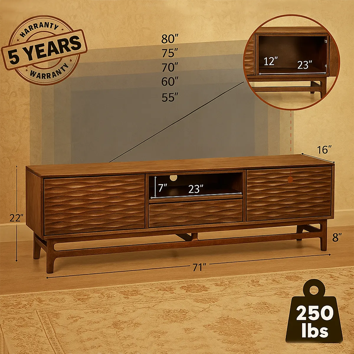 Modern wooden TV shelf – Delicate wave design, with drawers and storage shelves