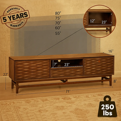 Modern wooden TV shelf – Delicate wave design, with drawers and storage shelves